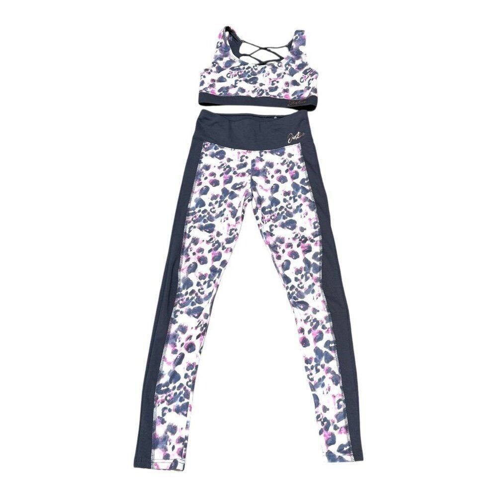 Justice Active Girls Leopard Print Sports Bra  Leggings Set Size 14 16 Pink Grey